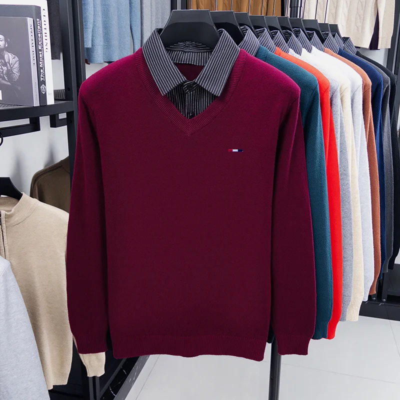 Hochwertiger Herren Falscher Zweiteiler Langarm-Strickpullover Gestreift mit Stickerei Herbst Winter Neuer Pullover Lässige Vielseitige Herrenbekleidung – Detail 18