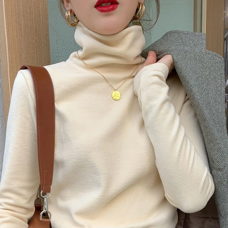 Women's High Collar Double Sided Fleece Brushed Base Shirt Korean Style Winter Warm Top Long Sleeve Slim Fit Commute Fashion