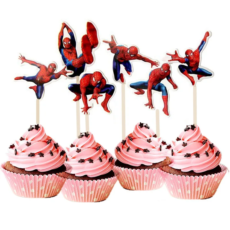 

24pcs/lot Spiderman Cake Flags Baby Shower Decorate Birthday Party Kids Favors Carriage Cupcake Cake Toppers With Sticks