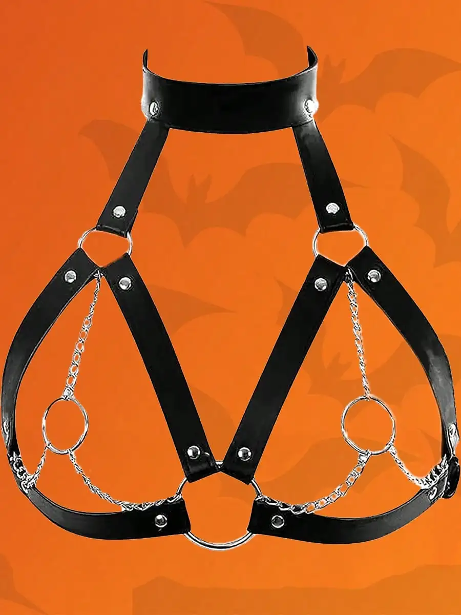 

Black PU Leather Chest Harness with Chains and Rings for Costume Wear