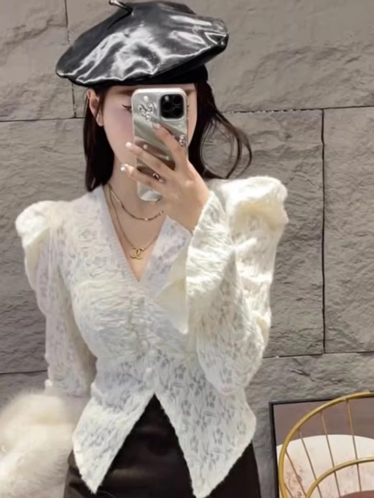 

Ruffle Sve V Ne Lace Base irt Women's Autumn Winter New High End Sensation Super Beautiful Inner Wear Floing Bell Sl...