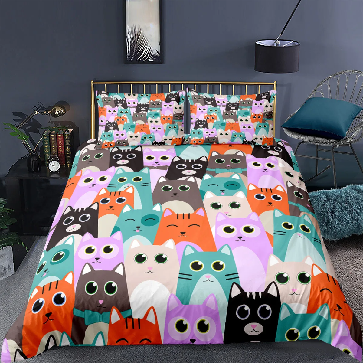 

Cat Duvet Cover Polyester Pattern with Hipster Playful Feline Characters, Decorative 3 Piece Twin Bedding Set with