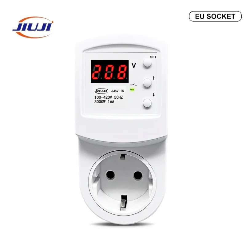 JJSV-16 Smart Plug 16A Voltage Protector for Refrigerator Freezer – Digital Over/Under Voltage Relay Surge Protector Socket