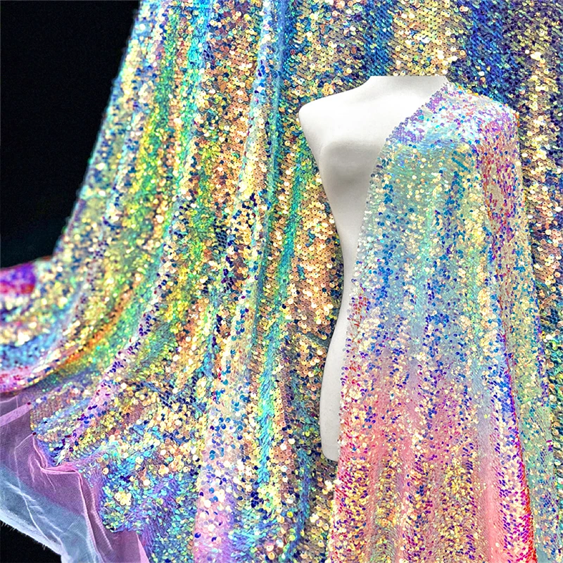 

5mm Colorful Sequins Mesh Fabric Rainbow Fishscale Sparkle Material for Diy Sewing Wedding Dress Stage Performance Clothing