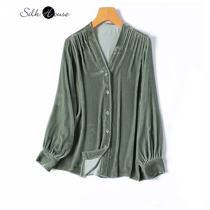 

Original Design Light Luxury Bean Grey Green 30% Natural Mulberry Silk Velvet V-neck Long Sleeve Retro Lantern Sleeve Shirt