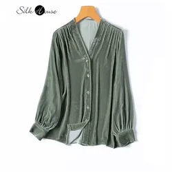 Original Design Light Luxury Bean Grey Green 30% Natural Mulberry Silk Velvet V-neck Long Sleeve Retro Lantern Sleeve Shirt