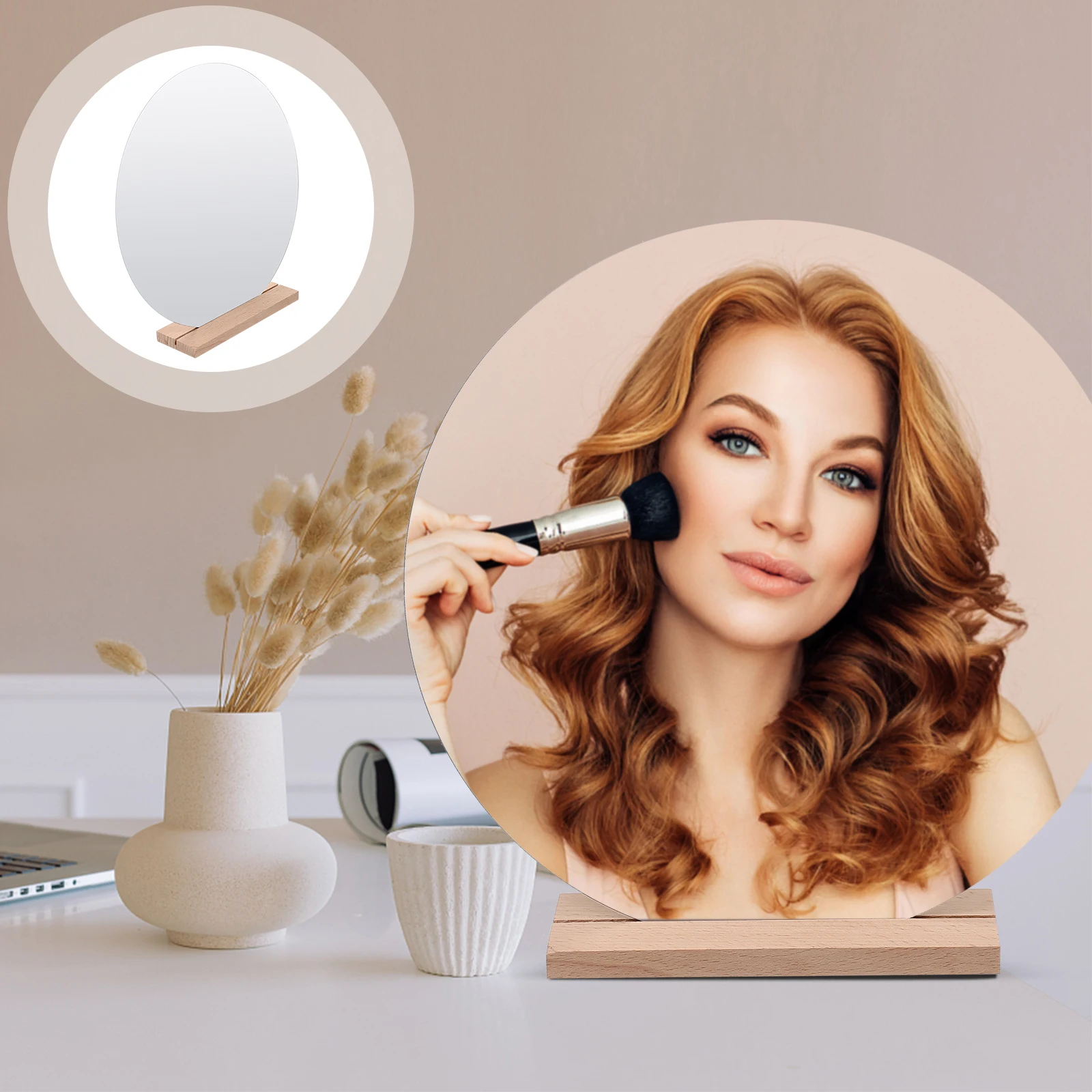 

Desktop Acrylic Irregular Makeup Mirror with Wooden Base Durable Mirror for Dorm Bedroom Vanity Table Home Decor