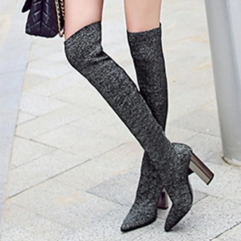 Women Over-the-knee Boots Winter Fashion Knitted Breathable Women Shoes Sexy Pointed Simple Solid Color High Heels Mujer Zapatos