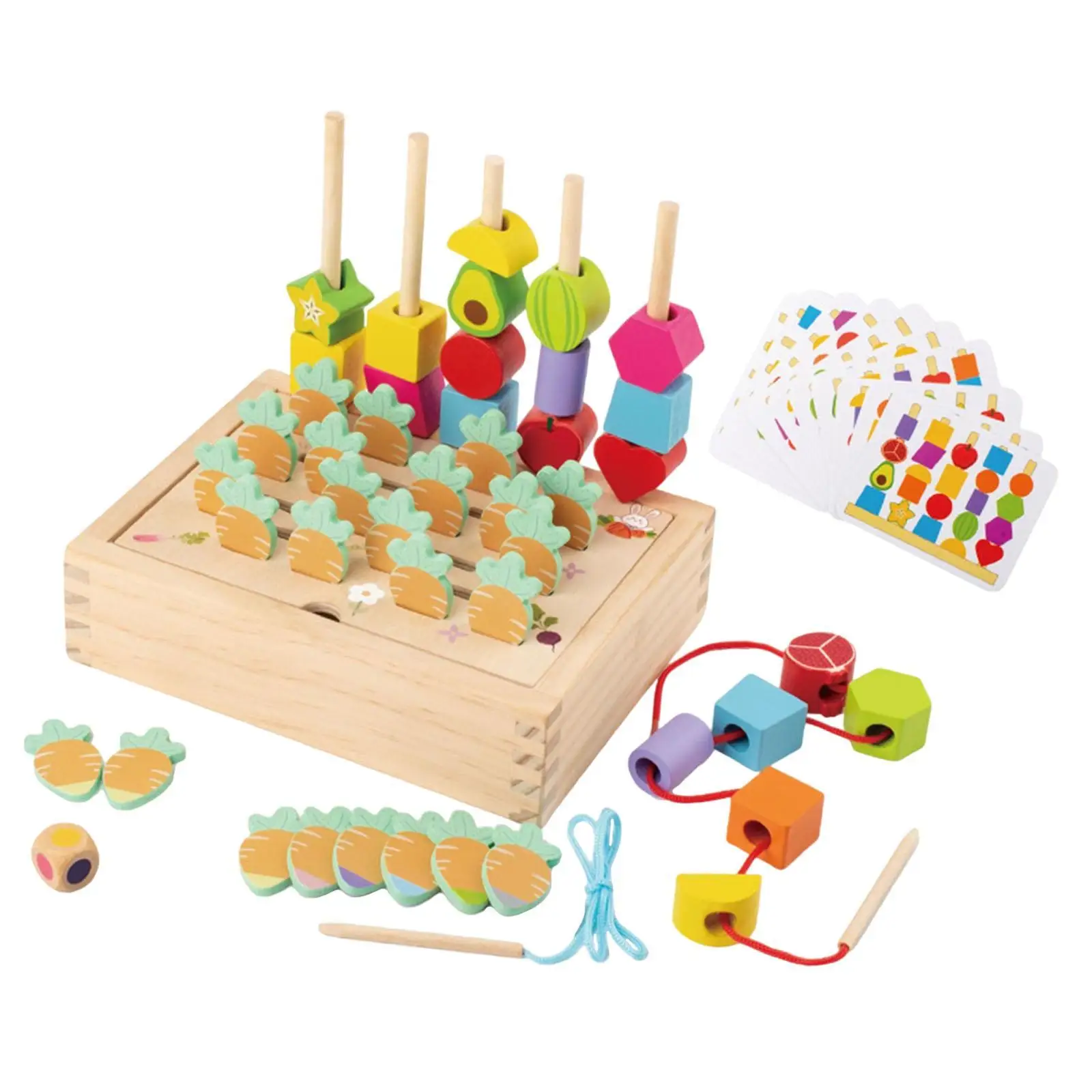 Montessori Wooden Beads Sequencing Toy Set ,Matching Shapes Stacking Toy,