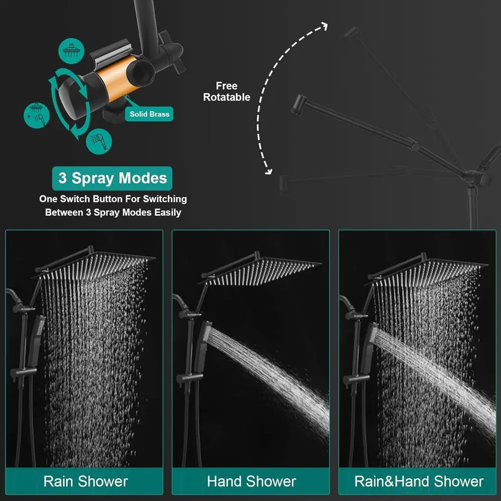 Combo de Chuveiro Preto Fosco 12: Cabeça de Chuveiro de Alta Pressão com Braço Extensível de 16 Polegadas e Divisor de 3 Vias