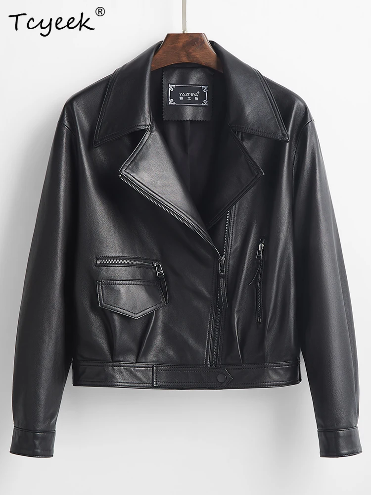 Tcyeek リアルシープスキン女性レザージャケット春秋長袖スーツの襟黒機関車レザージャケットチャケータクエロ