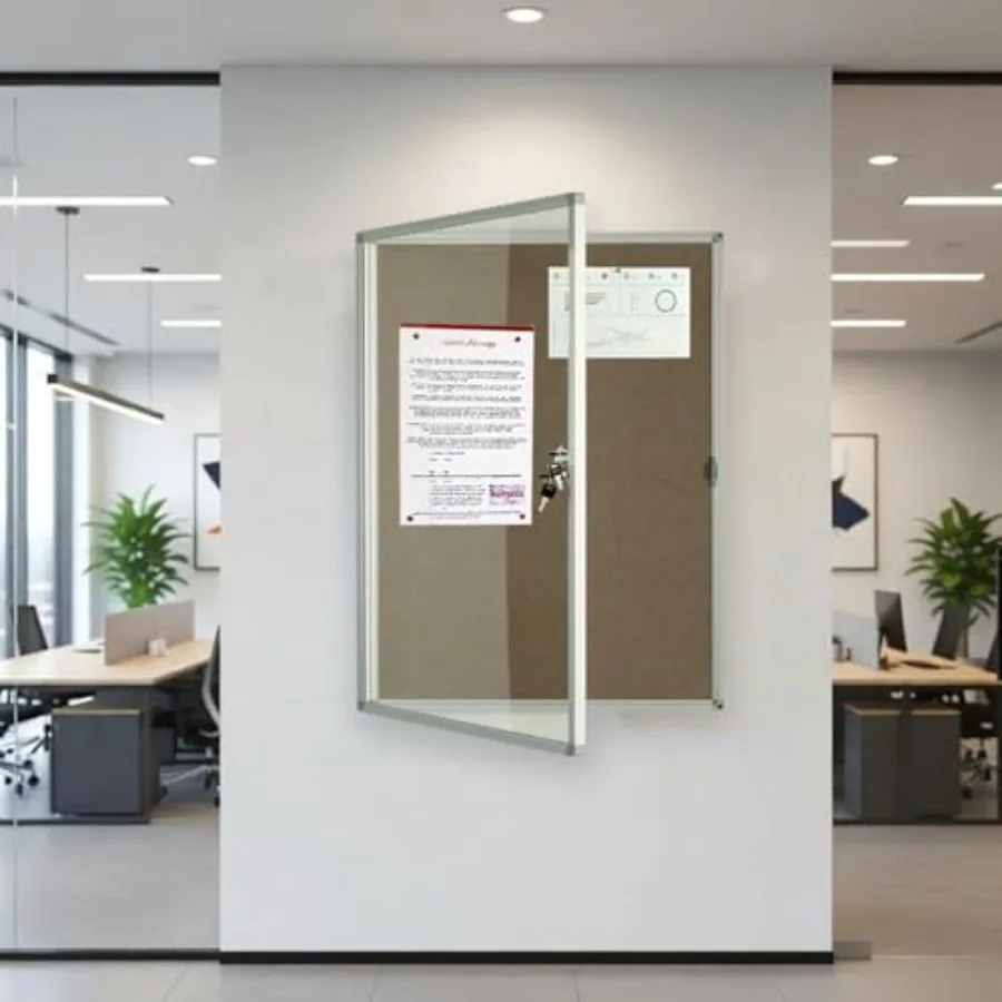 

Enclosed Felt Bulletin Board 36x24 inch Lockable Cork Noticeboard Display Cases Tamperproof Notice Poster Memo Board with Class