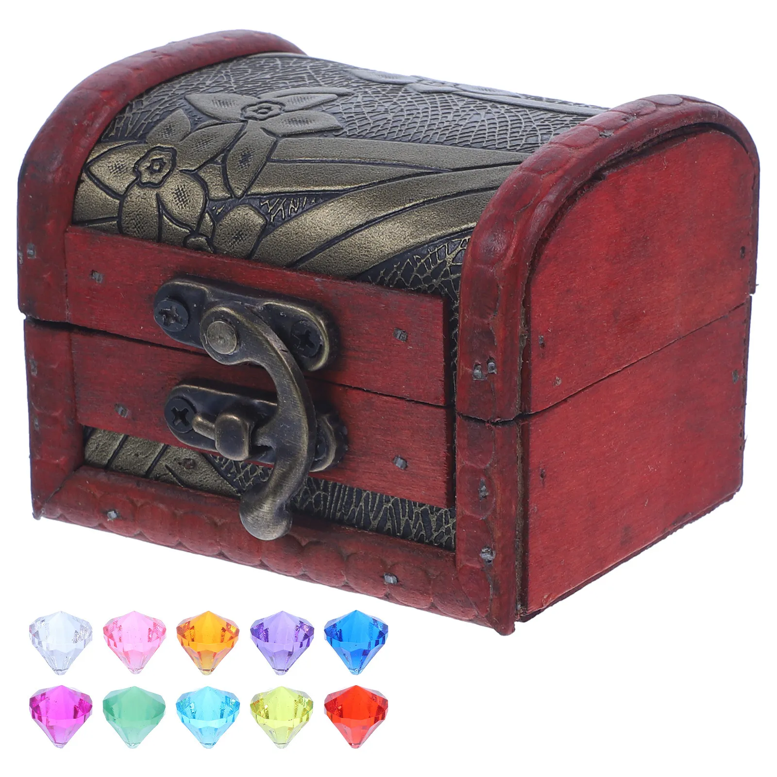 1Set Acrylic Gemstones Kids Treasure Chest Wooden Box for Pirate Costume Party Jewelry Storage Treasure Box Acrylic Gemstones