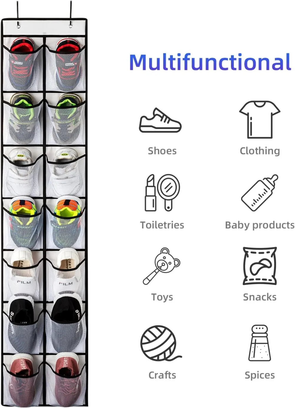 14 Pocket Over Door Shoe Organizer with 4 Hooks - Breathable Mesh Storage for Closet, Pantry, or Bathroom (2 Pack) view 5