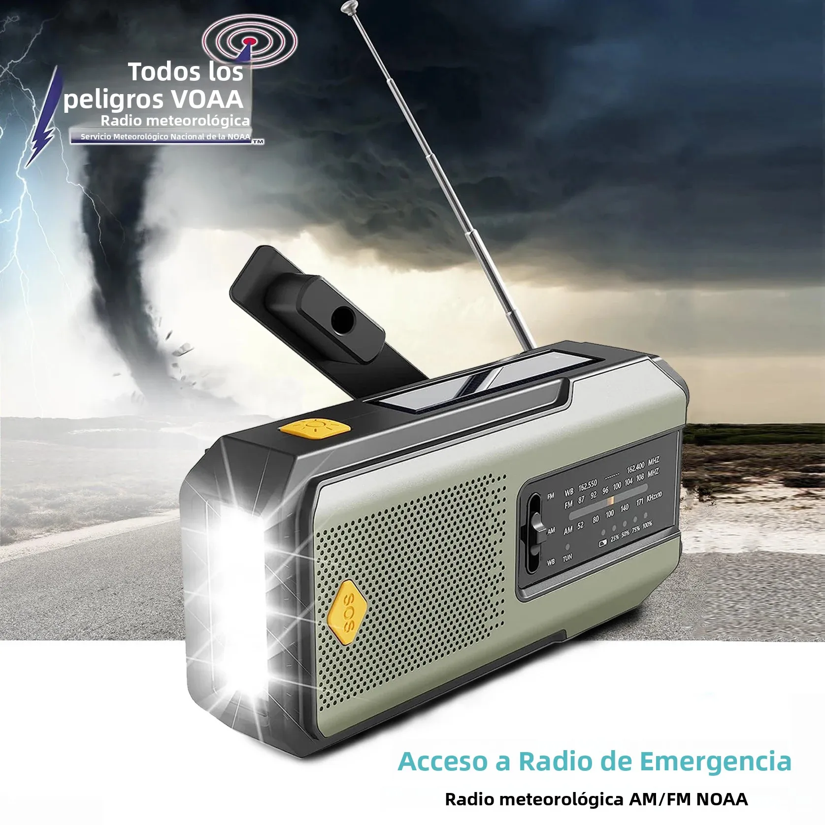 Radio meteorológica NOAA portátil de emergencia con manivela, energía solar, AM/FM, alarma SOS, linterna de 3 LED, batería recargable de 2000 mAh