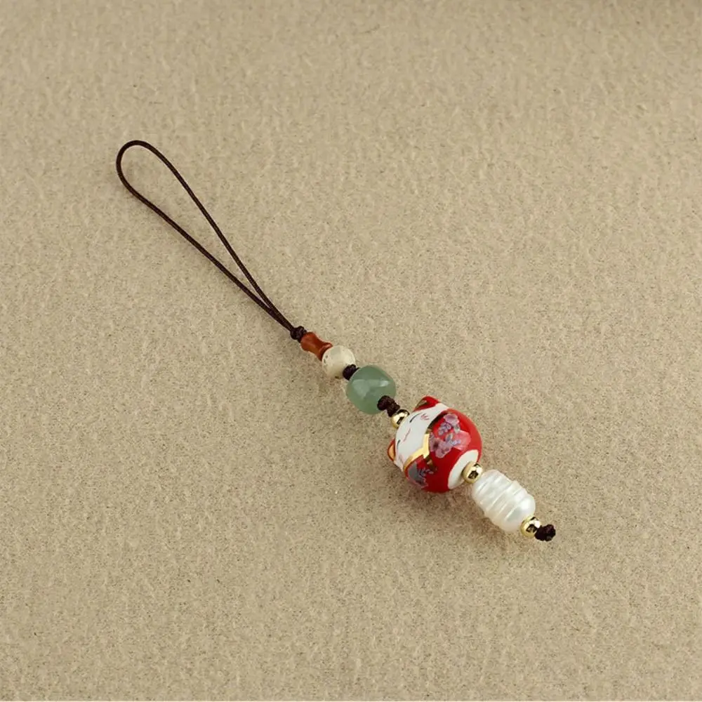 Charm Lucky Blessing Chinese Style Jewelry Findings Mobile Phone Lanyard Lucky Cat Car Keyring Ceramic Key Chains