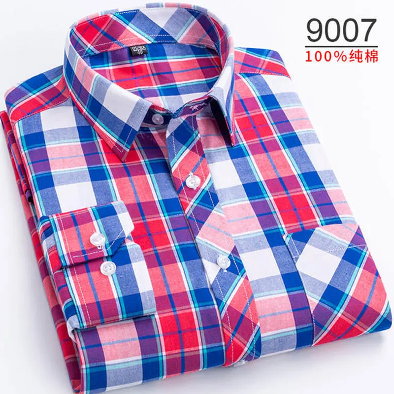 100% cotton 6XL short-sleeved men\'s shirt Spring and summer long-sleeved thin casual high-quality plaid free perm breathable