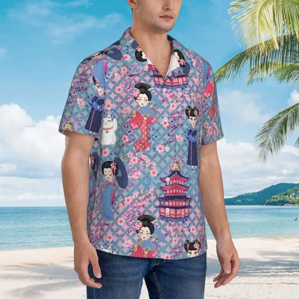 Hawaiian Shirt Beach Kawaii Japanese Dolls Blouses Vintage Casual Shirts Male Short-Sleeve Y2K Funny Top