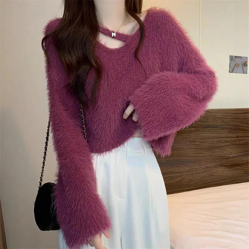 Autumn Winter Korean-Style V-neck Short Soft Waxy High-End Seahorse Sweater Women's Interior Design-Like Mink Velvet Top Women