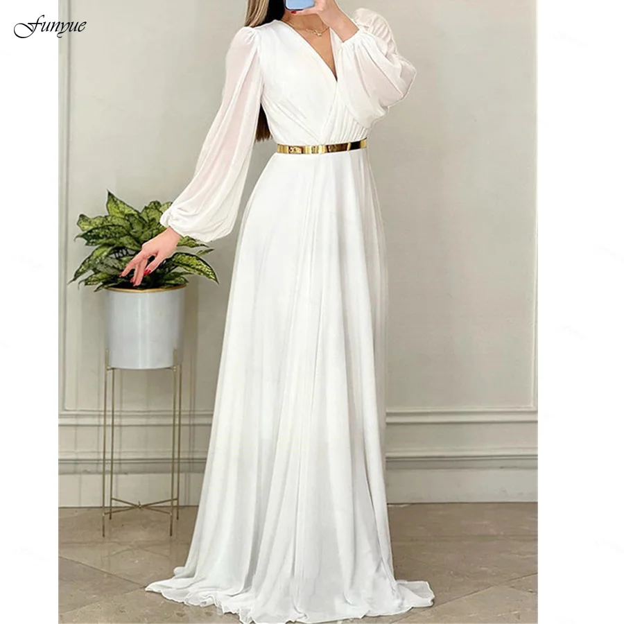 

Funyue Simple White A-Line Chiffon Formal Party Dresses 2023 V-Neck Long Sleeves with Gold Belt Evening Gowns vestidos de gala