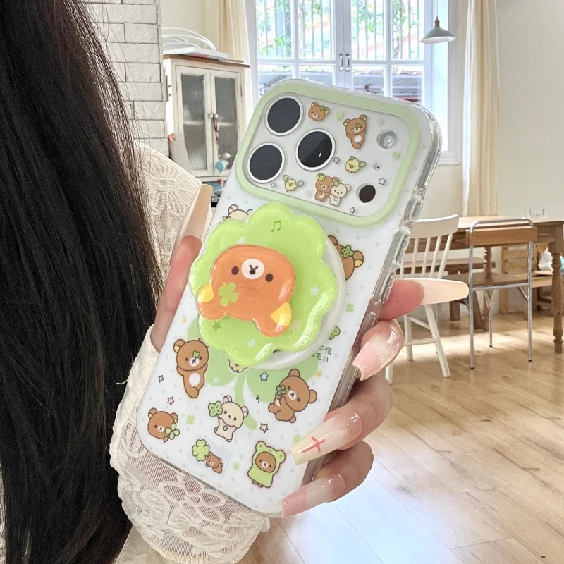 

Kawaii Cartoon Brown Bear Leaf Magnetic Phone Case For iPhone 17 Pro 16 15 Pro Max Cover with Stand Shockproof Cute Cases Girls