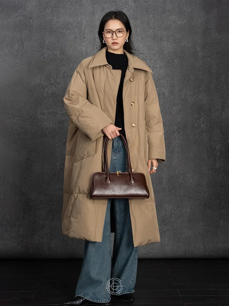 

Женское длинное пуховое пальто Hepburn Glance с 90% белого пуха, сшитое из перьев, с воротником-стойкой, теплая верхняя одежда, зимнее пальто