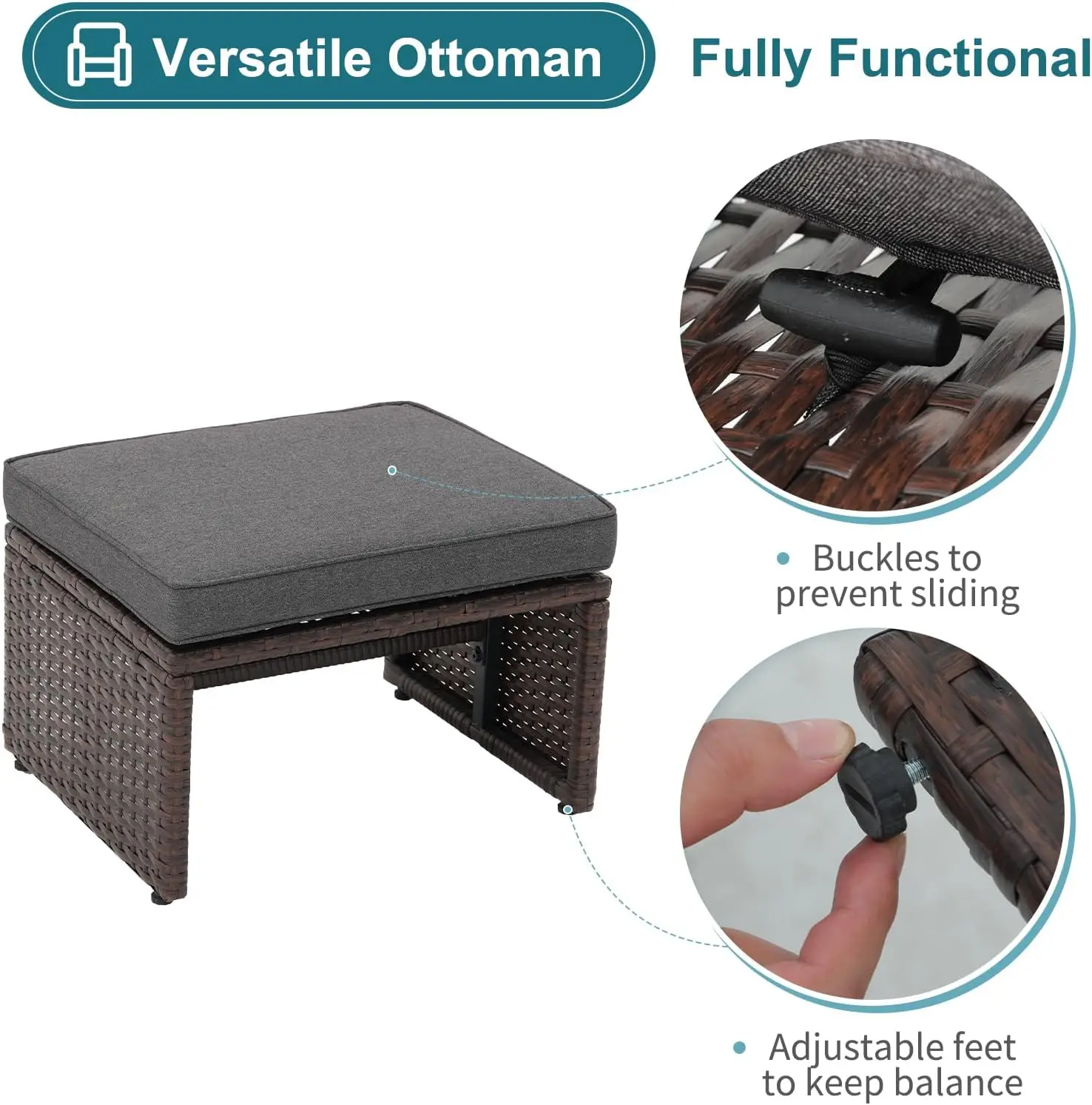 Cadeira de vime marrom com otomano, mesa de armazenamento para pátio, varanda mobiliário conjunto, almofadas para quintal, 5 pcs