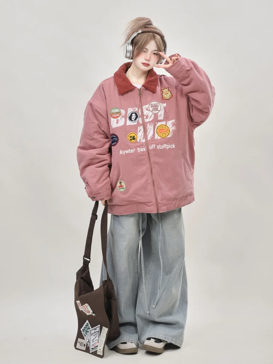 

Retro Japanese Sle Thiened Cotton Jaet Women's Winter Outerwear Red Denim Cotton Blend Zipper ket Detail Couples