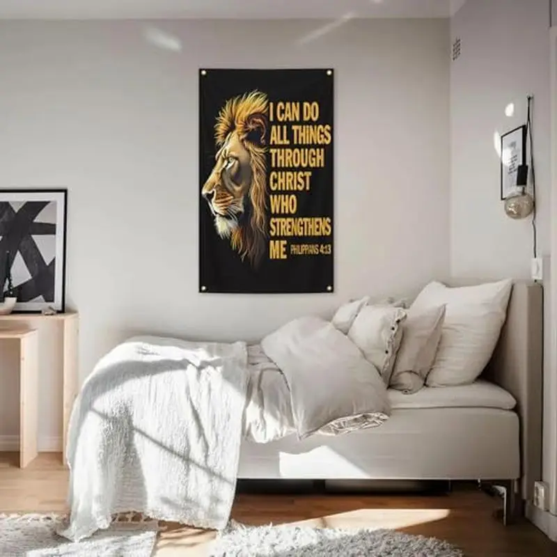 VIKAMA I Can Do All Things Through Christ Lion Wall Tapestry Black Gold King Jungle Animal Bible Verse Christian Religious Soft