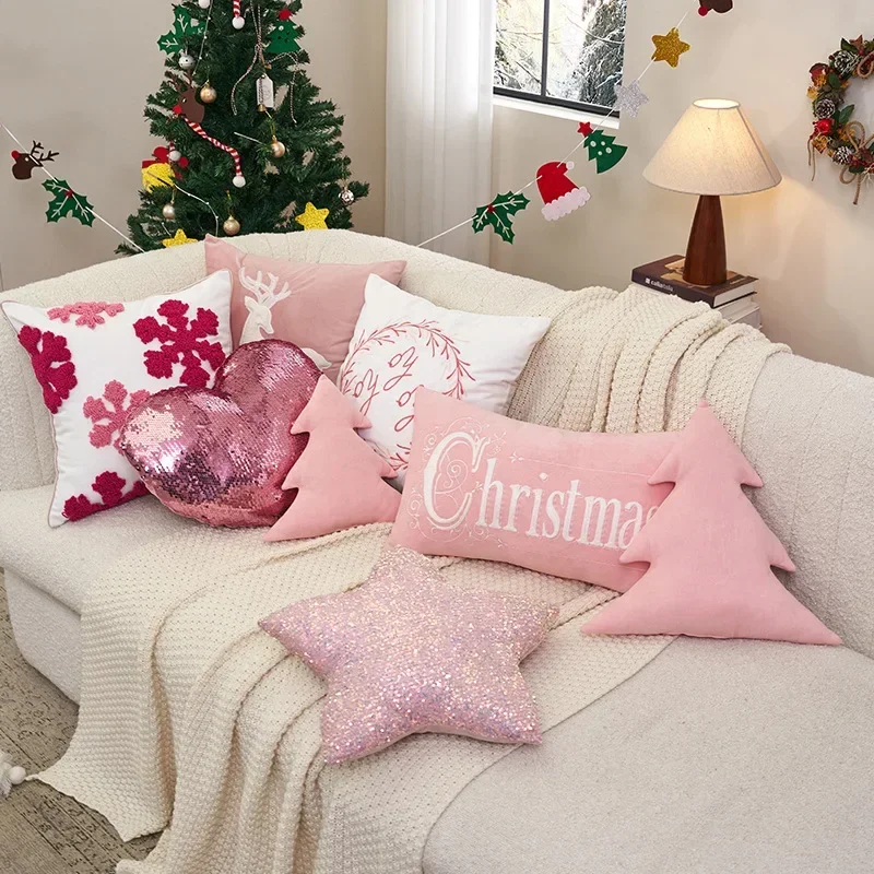 

30x50/45x45cm Plush Pink Embroidered Throw Pillow Cover Christmas Living Room Cushion Cover Girl Heart Pillowcase Home Decor