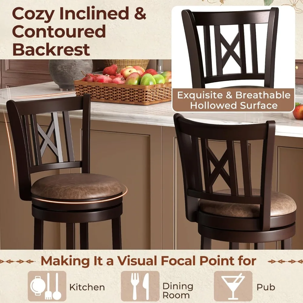 Bar Stools Set of 2, 26” Swivel Bar Chairs with Footrest, Rubber Wood Frame & Hollowed Backrest, Leathaire Counter Heigh
