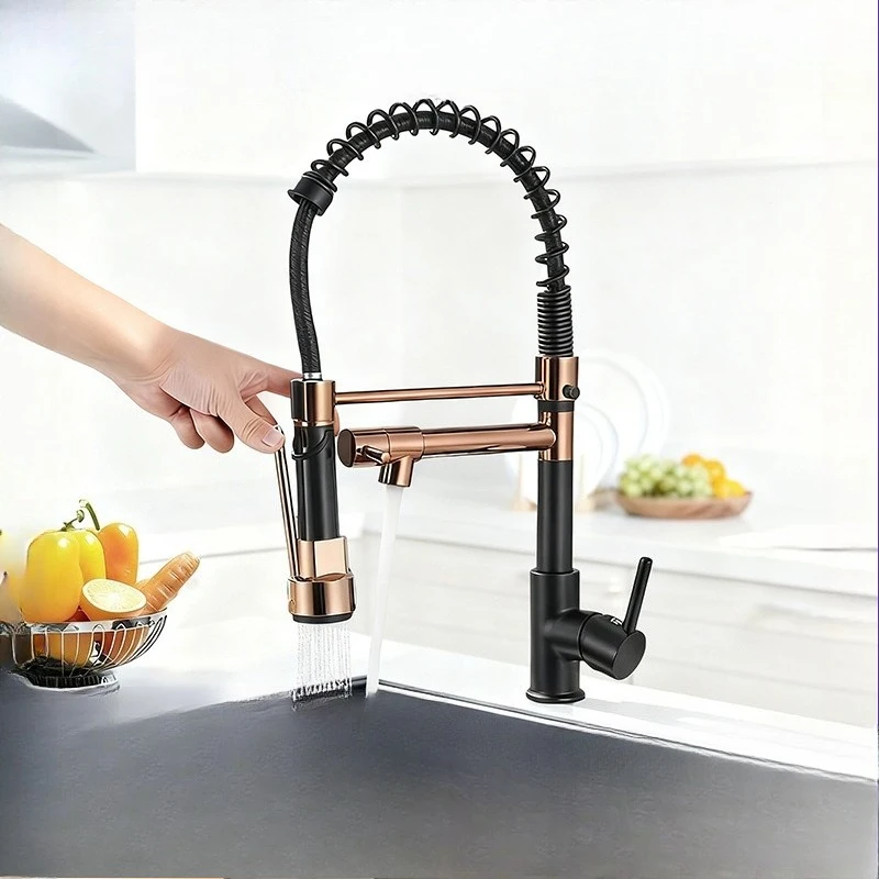 

Нержавеющая сталь 304, матовая пружинная раковина, двойной выход, вращающийся воду, кухонный смеситель для раковины с горячей и холодной водой