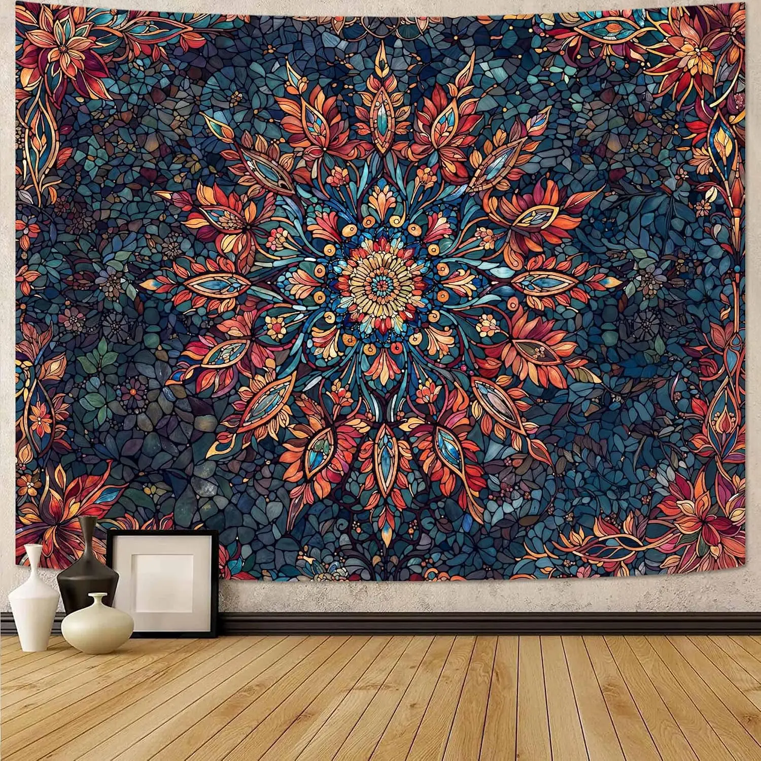 Wall Tapestry Large Wall Tapestry for Bedroom Boho Floral Bohemian Flower Aesthetic Stained Glass Red Blue