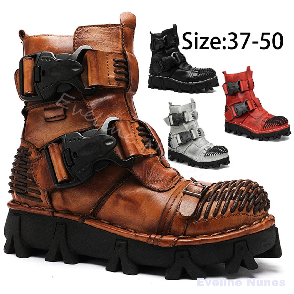 Men Retro Distressed Leather Combat Boots Multi Buckle Straps Hand Woven Toe Cap Platform Gothic Punk Mid Calf Motorcycle Boots