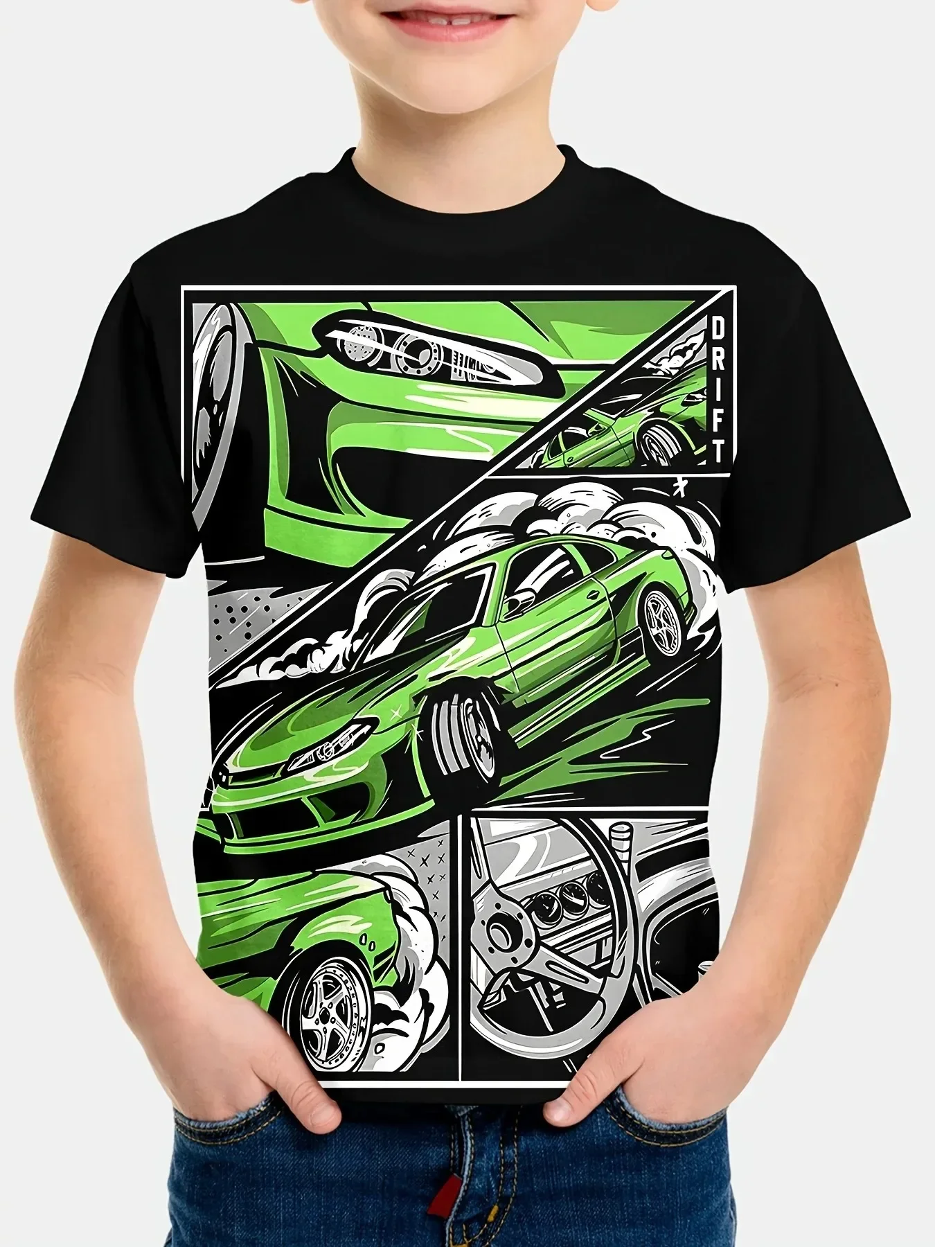 Kinderkleidung Jungen T-Shirt Kurzarm Stylisches Auto-Renn-Grafik-T-Shirt Kinder Sommerkleidung Lässige Streetwear Jungenkleidung
