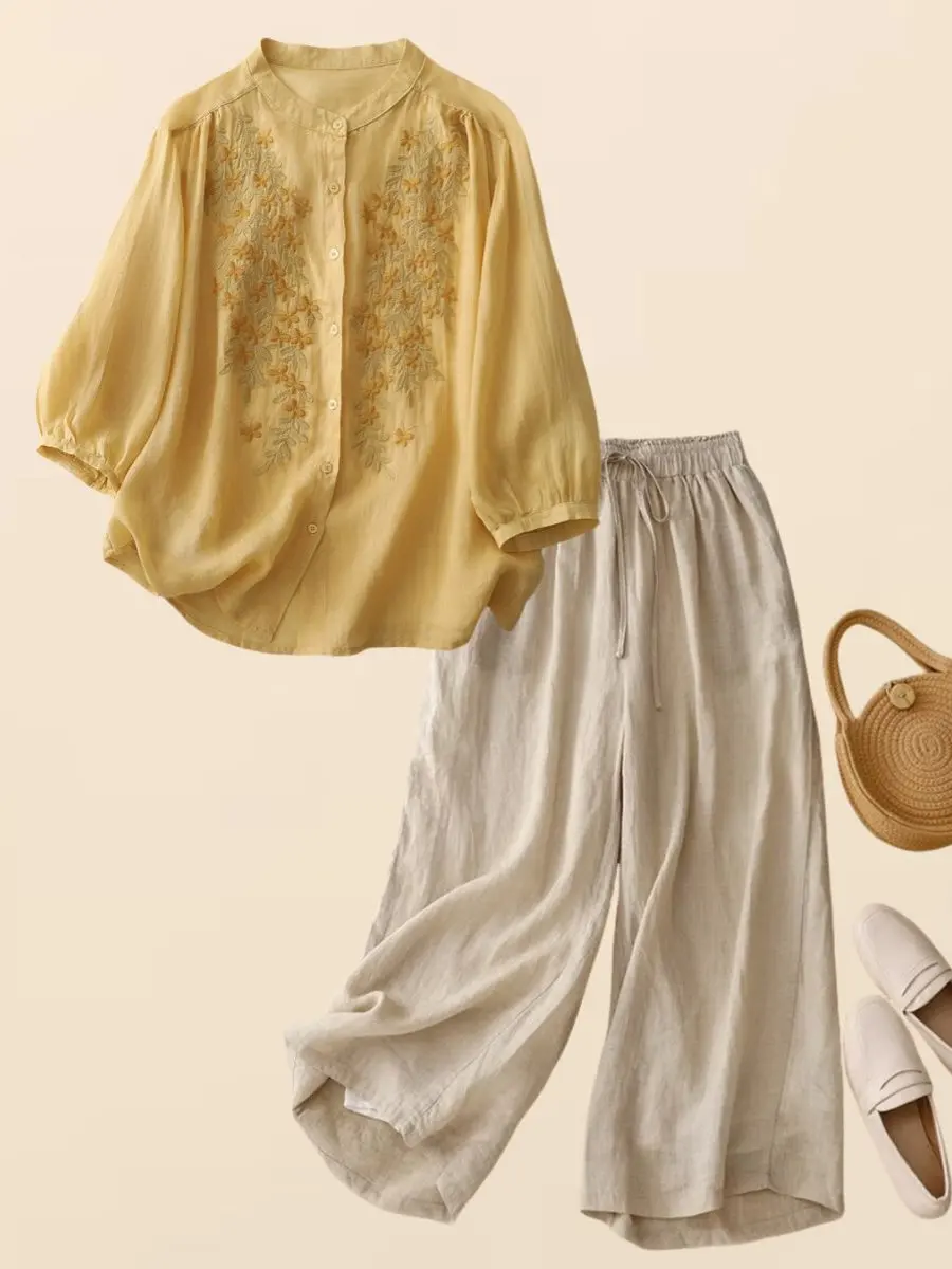 

Elegant Cotton Linen Embroidered Shirt Top And Wide Leg Pants Two Piece Set for Middle Aged Women Summer Fashion Casual Wear