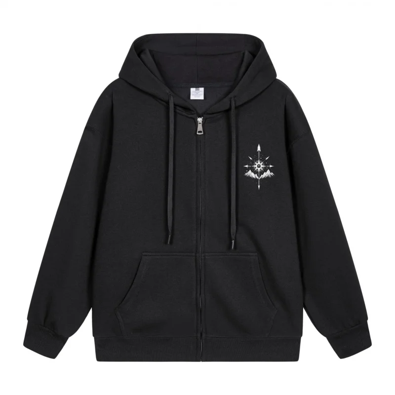 

Men's Zip-Up Hoodie Black Hoodie With White Design 2025 New Style Casual Couples’ Style Casual and Loose