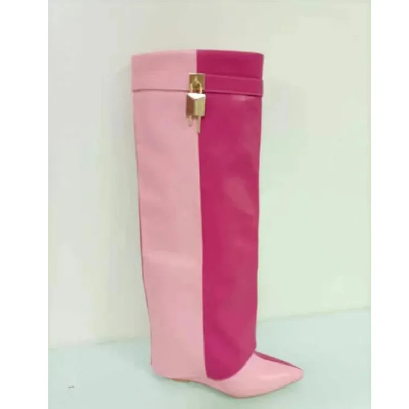 Botas de cuña hasta la rodilla con hebilla de bloqueo y punta puntiaguda para mujer, botas de pantalón sin cordones con patrón de piedra para invierno 2025, zapatos femeninos para mujer