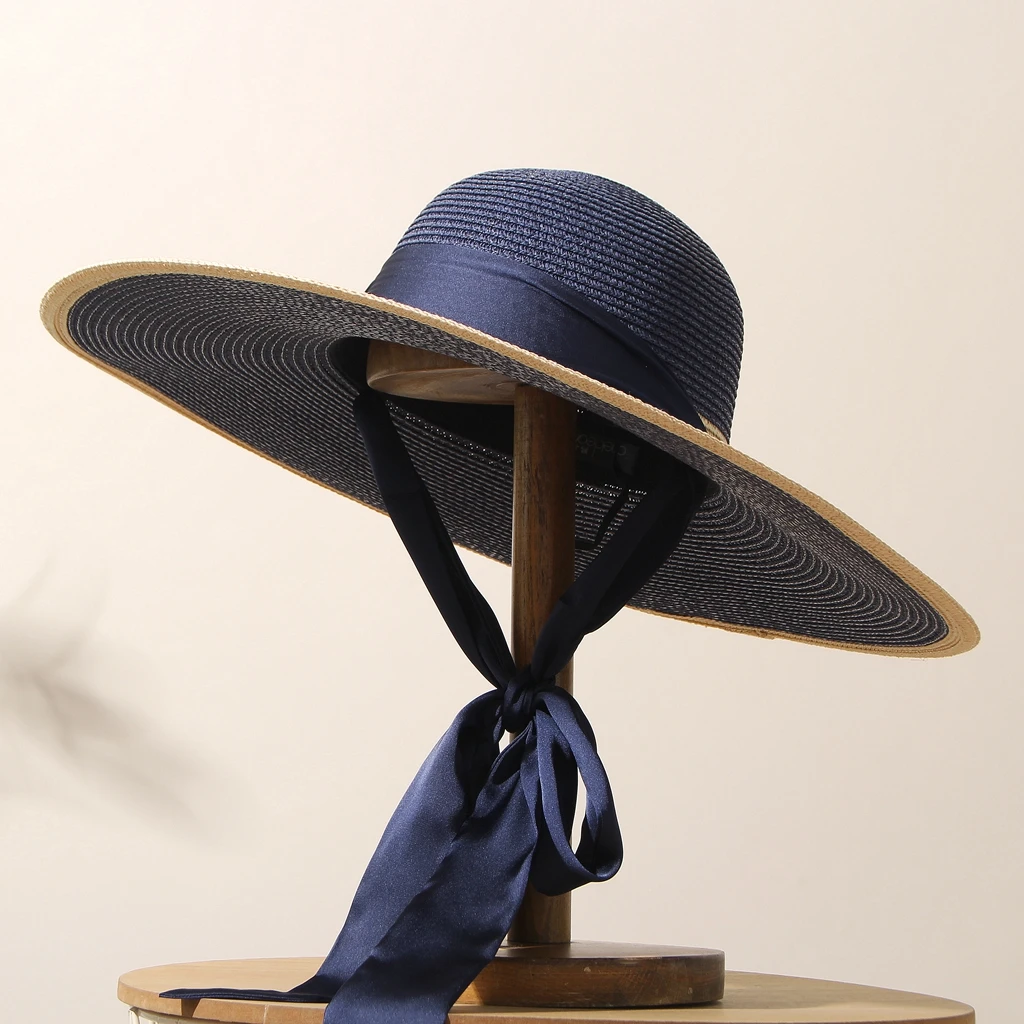 

Orange Faion Large Brim St Hat Summer Sun Protection Women's Travel Hat with Ribbon Knot Woven by Hand