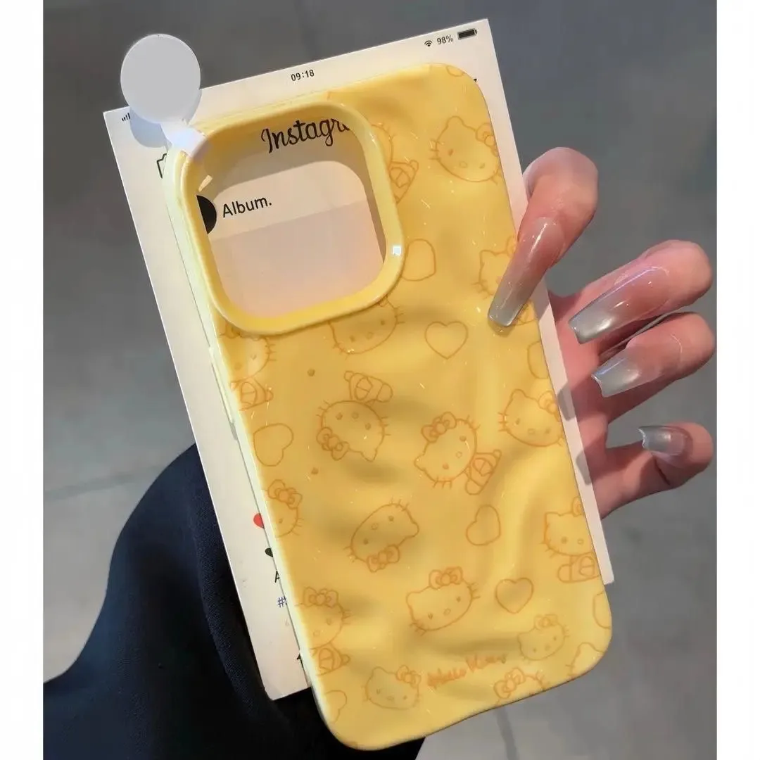 Модный чехол для телефона Hello Kitty с морщинистой текстурой для iPhone 11, 12, 13, 14, 15, 16 Pro Max Plus, мягкий силиконовый противоударный чехол-конфетка