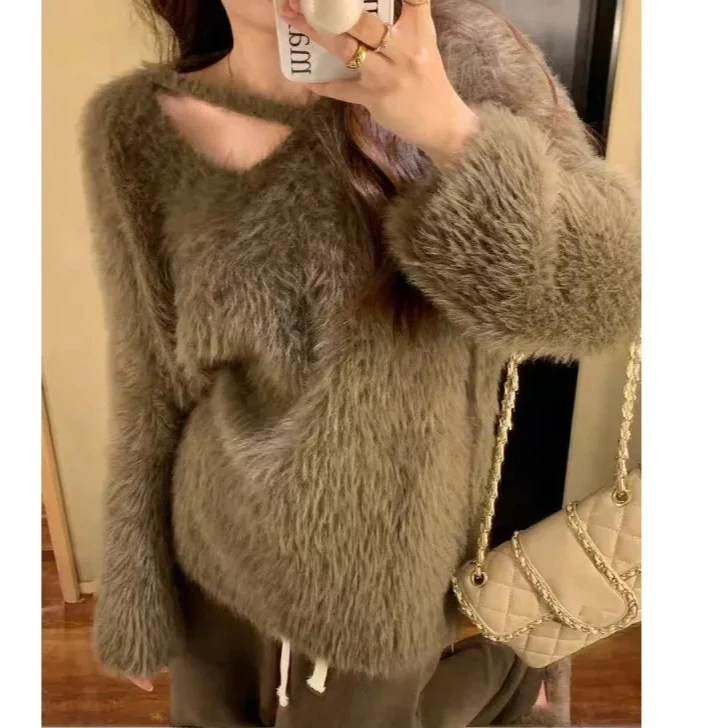 

Мягкий трикотаж из искусственной норки, свободный свитер с v-образным вырезом, ленивый стиль, осень-зима, новый стиль