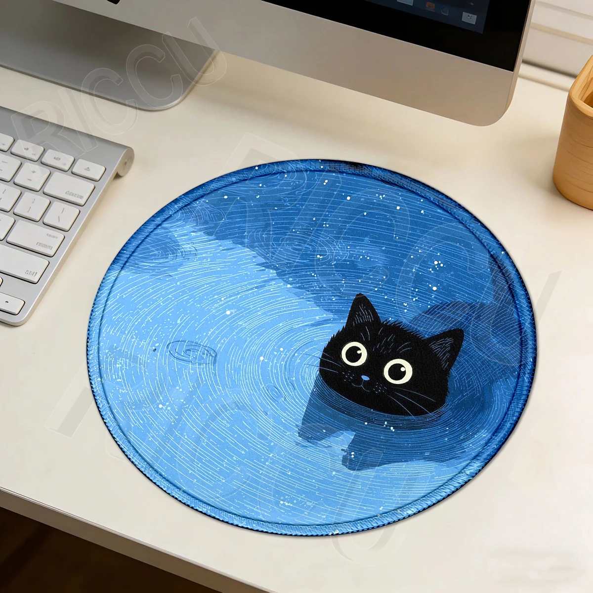 Anime Cute Black Cat In Water Mouse Pad PC Accessories Office Round Table Mat Rubber Anti-slip Mousepad Small XS Decor Desk Pads