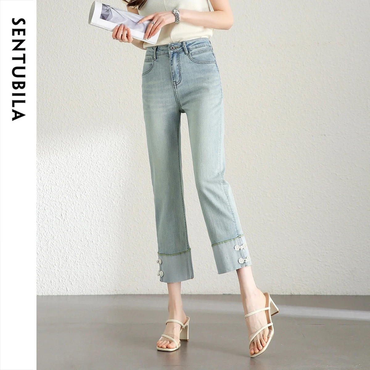 

SENTUBILA Women's Casual Denim Jeans 2026 Summer Chinese Style Frog Buttons Folded Hem Cropped Slim Straight Pant W52N58850X