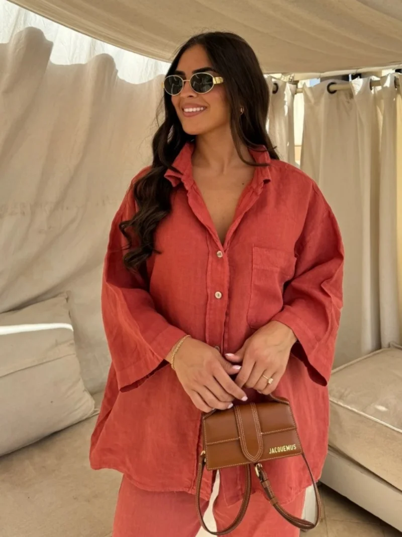 

Fashion Cotton Linen 2 Piece Sets Women Outfit Autumn Clothing Women 2026 Long Sleeve Shirt Top and Pant Suit OL Style Woman Set