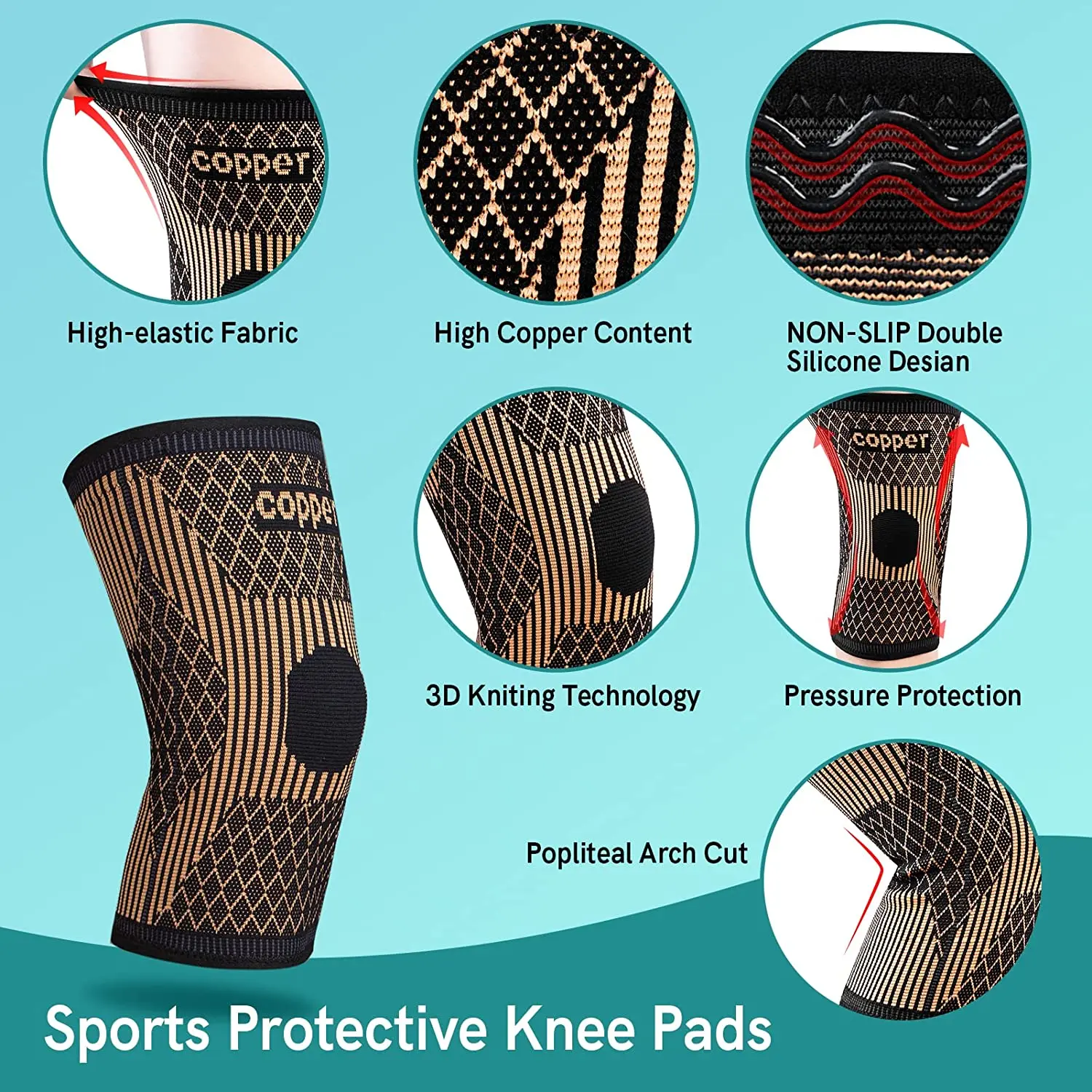 Copper Ions Fiber Knee Brace Knee Sleeve Compression Support for Women & Men Sports Workout Meniscus Tear ACL Joint Pain Relief