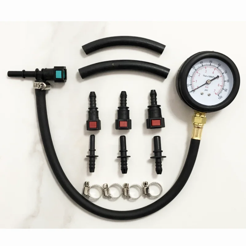 Quick Connected Fuel Injection Pump Pressure Tester Gauge with Valve 0-100PSI 6.3/7.89/9.49