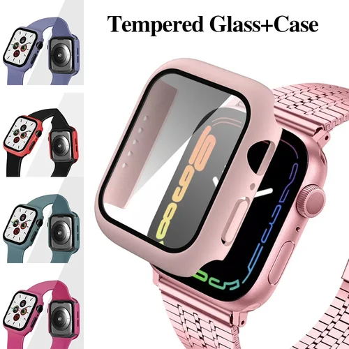 Imagen 2 del producto Vidrio templado + funda para Apple Watch series 9 8 7 6 5 4 3 SE 41mm 45mm 40mm 42 38 44mm accesorios cubierta Protector de pantalla de parachoques