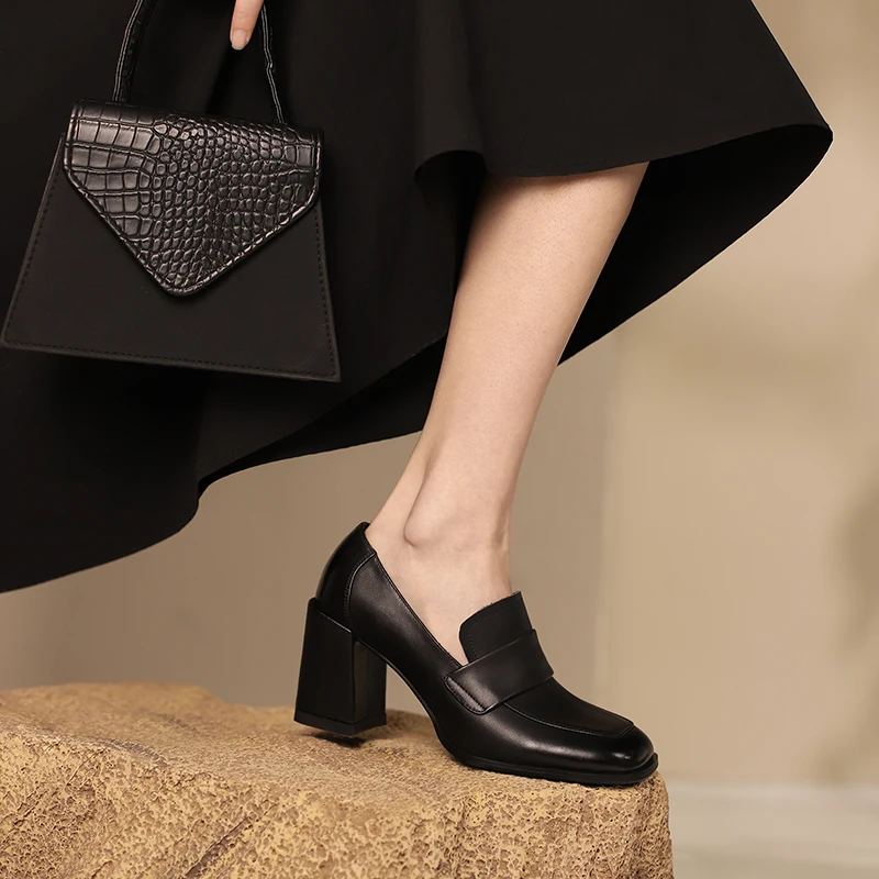 2024 Genuine Leather New Spring Women Shoes Square Toe Chunky Heel High Heel Pumps Ladies Shoes Heels Shoes Woman Black Shoes