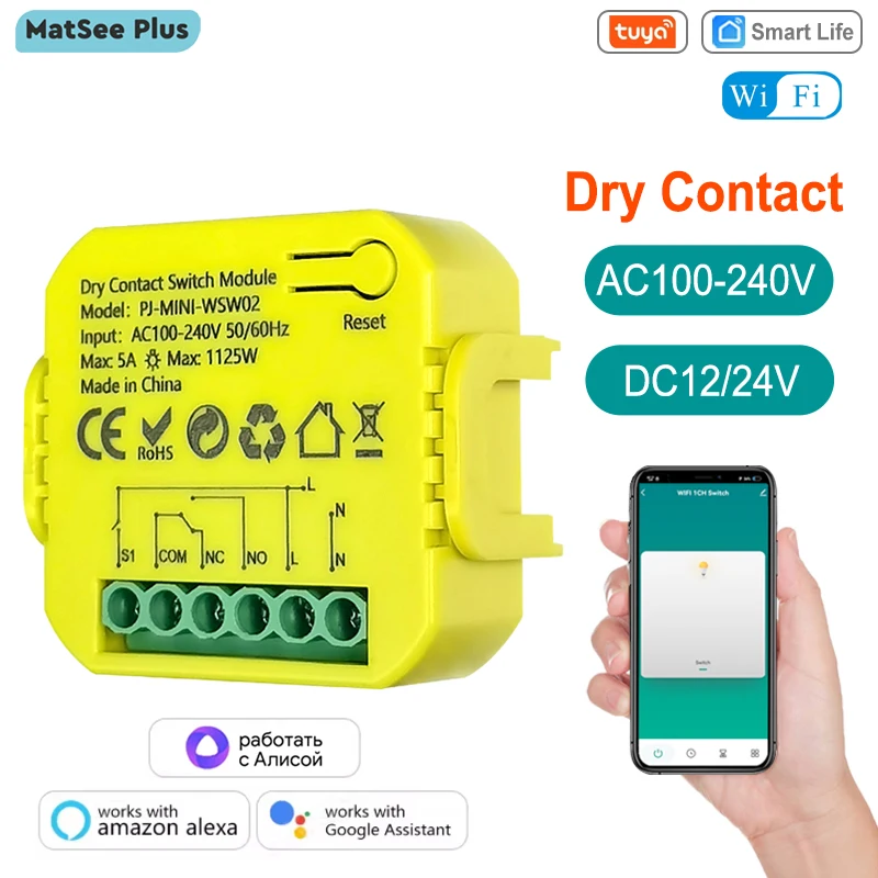 

Dry Contact WiFi Switch Relay 5A Tuya Smart App Remote Control Timer for Door/light DC12/24V AC100-240V Supports Google Alexa