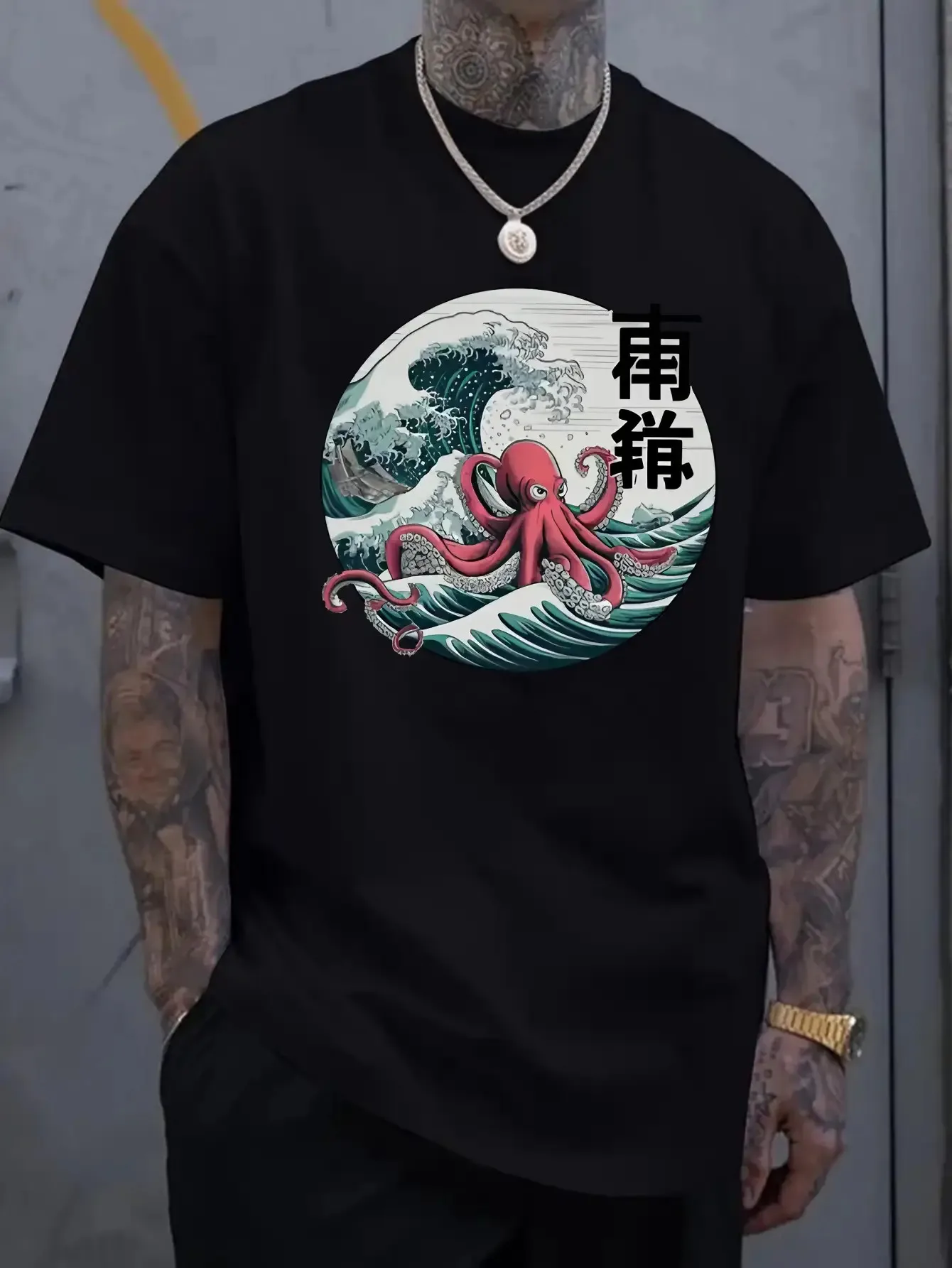 Mens Vintage Octopus Sea Wave T Shirt Japanese Kanji Ocean Graphic Print Short Sleeve Crew Neck Casual Cotton Male Fashion Tee